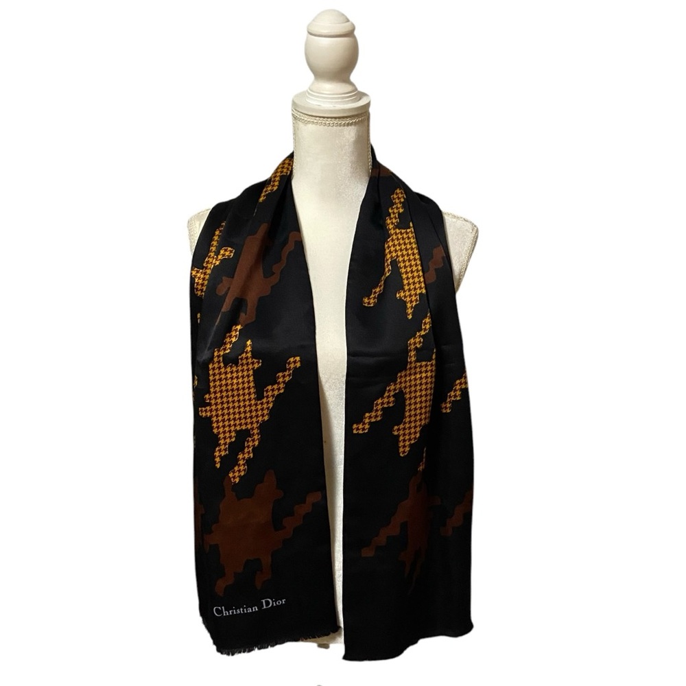 CHRISTIAN DIOR Silk Scarf Printed Pattern Black & Gold Vintage - Picture 3 of 16